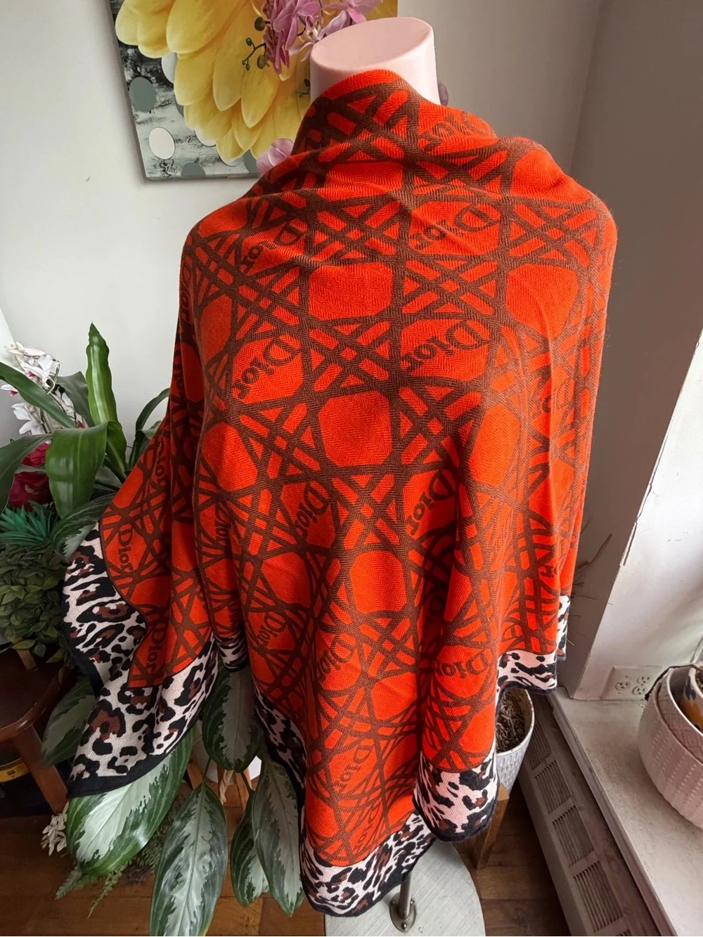 Dior Orange and Brown Logo Pattern Wool/Silk/Cashmere blend Scarf.